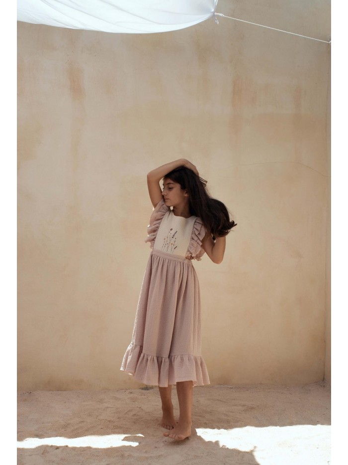 Mod.34.2 Pink organic bibbed dress with embroidery