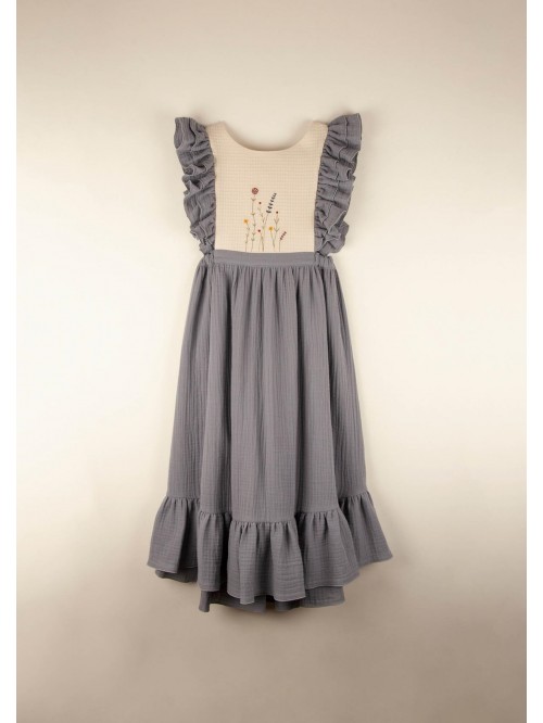 Mod.34.3 Greyish-blue organic bibbed dress with em...