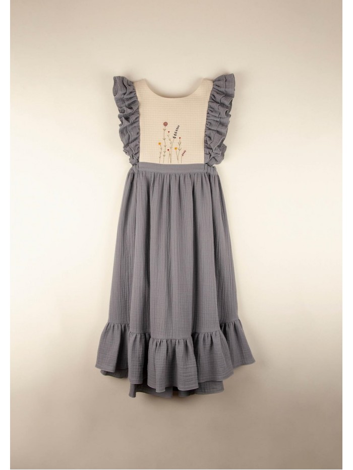 Mod.34.3 Greyish-blue organic bibbed dress with embroidery