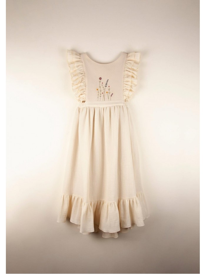 Mod.34.4 Off-white organic bibbed dress with embroidery