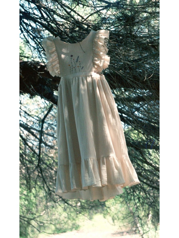 Mod.34.4 Off-white organic bibbed dress with embroidery