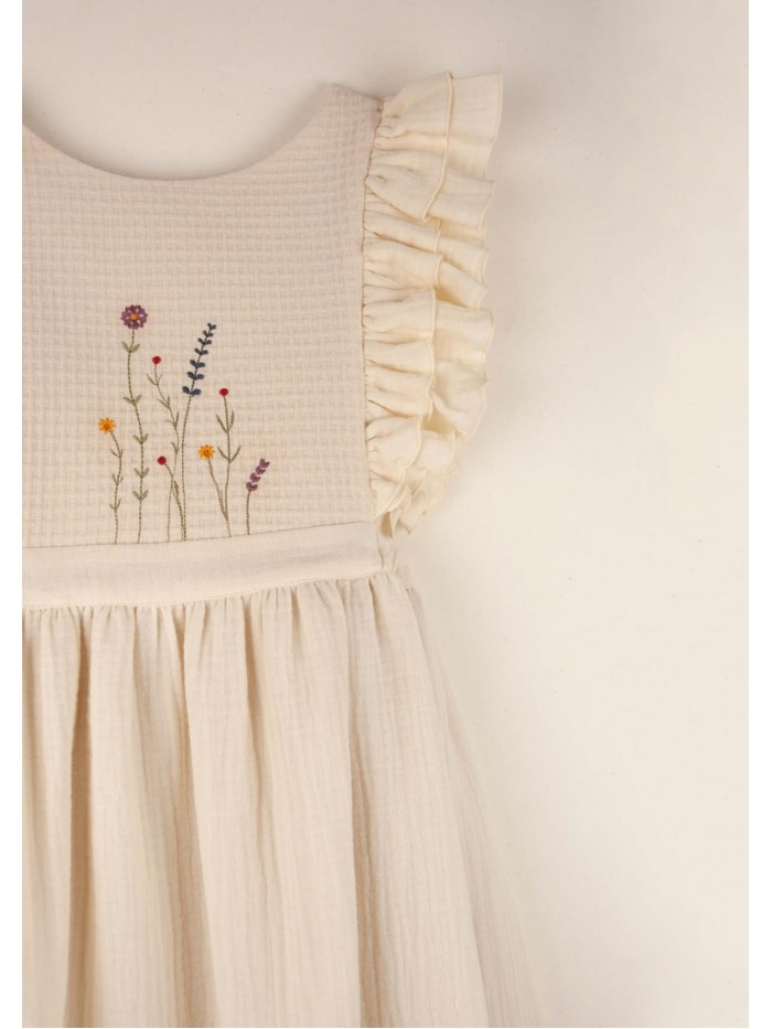 Mod.34.4 Off-white organic bibbed dress with embroidery