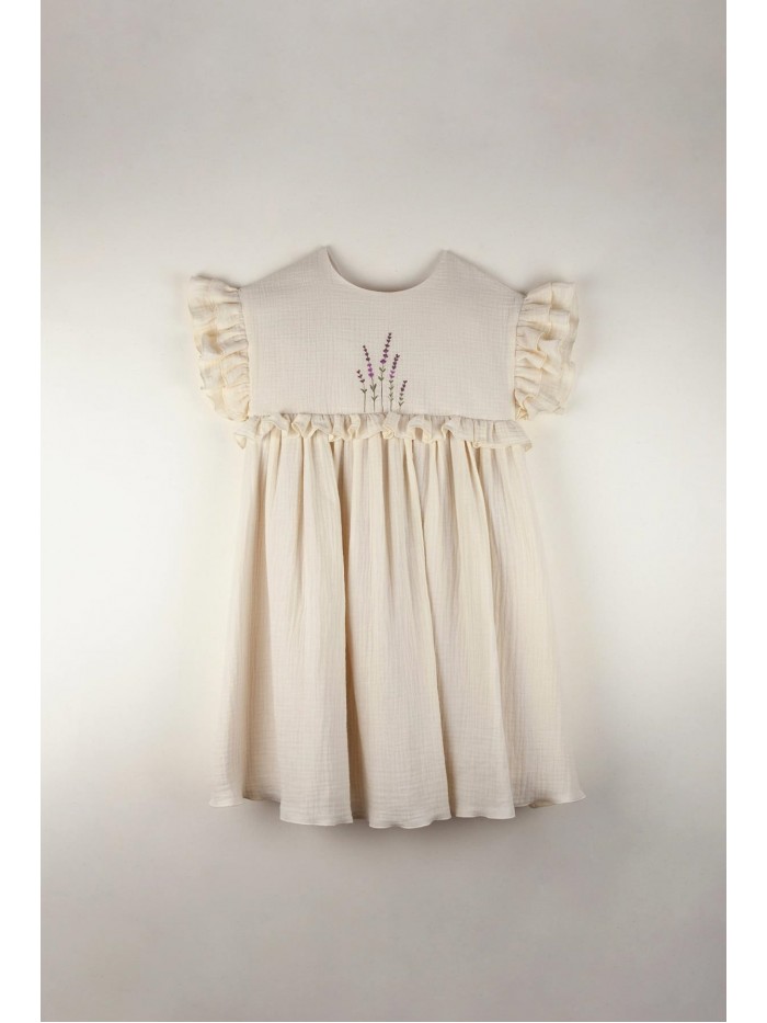 Mod.32.2 Off-white organic dress with embroidered yoke