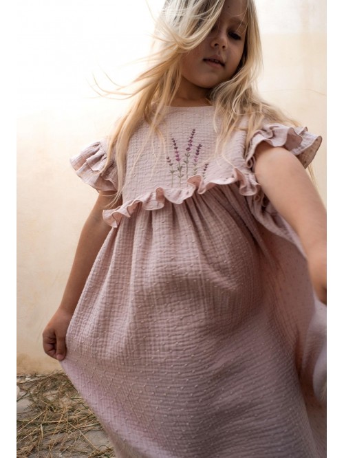 Mod.32.1 Pink organic dress with embroidered yoke