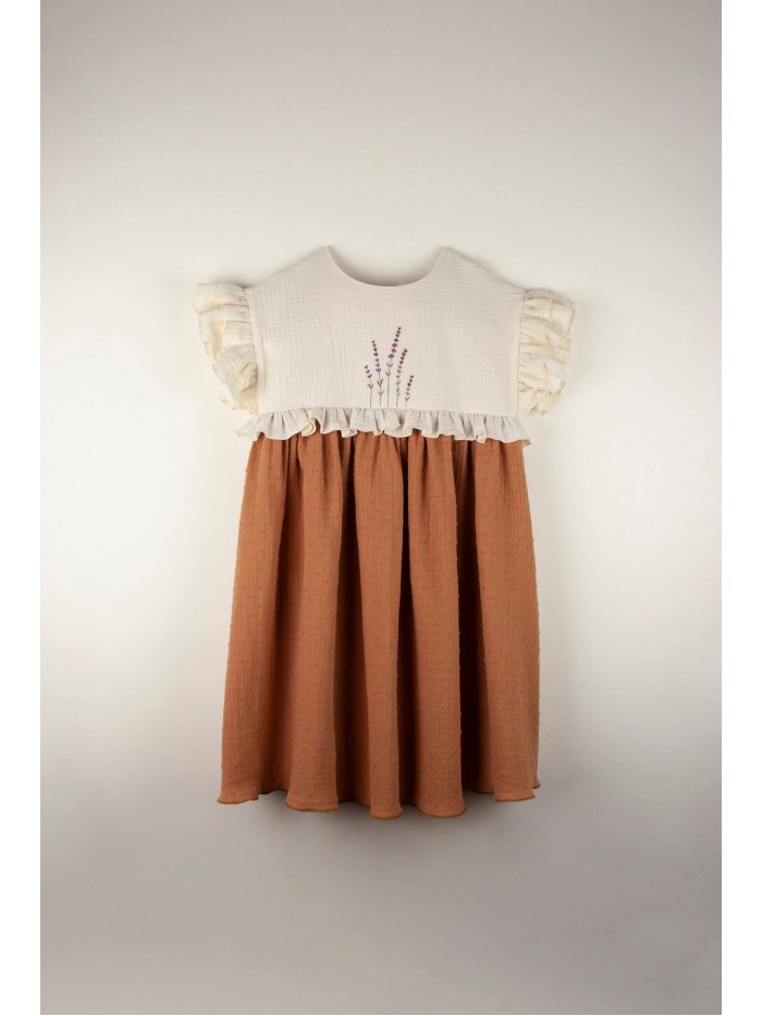 Mod.32.4 Terracotta organic dress with embroidered yoke