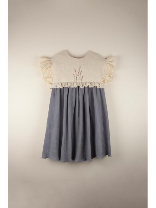 Mod.32.3 Greyish-blue organic dress with embroider...