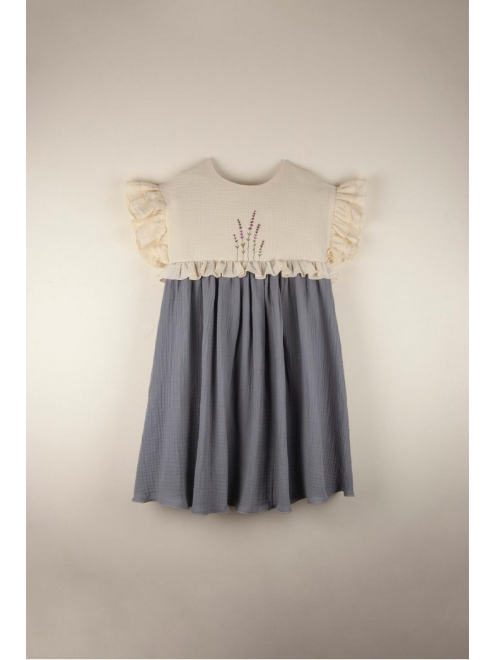 Mod.32.3 Greyish-blue organic dress with embroidered yoke