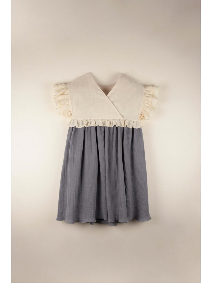 Mod.32.3 Greyish-blue organic dress with embroidered yoke